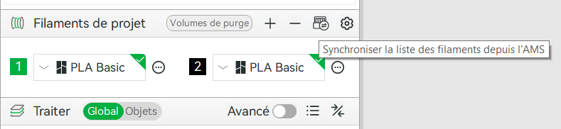 panneau de sélection du filament